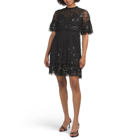 MAC DUGGAL Black Short Sleeve Sequin Cocktail Mini Dress - Picture 1 of 2